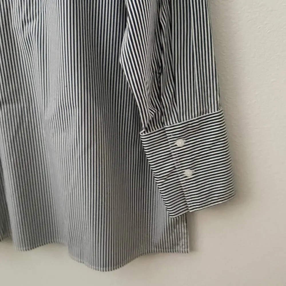 CHICO’S | Navy Blue & White Stripe Floral Print‎ Button Front Tunic | Large